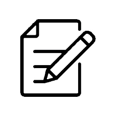 Ícone preto representando uma folha de papel e um lápis, na folha constam três linhas horizontais